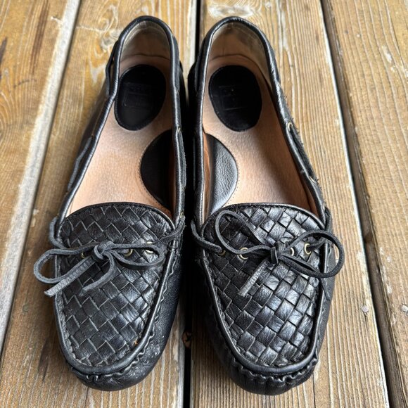 EUC Frye Black Woven Leather Reagan Slip On Driving Moccasin in Women's 11M - Picture 1 of 12